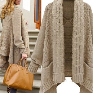 Goodnight Macaroon Chunky Khaki Cable Knit Asymmetric Scarf Cardigan Shaw EUC